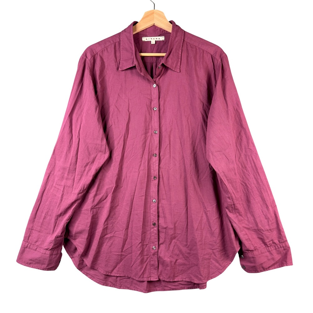 Xirena Beau Cotton Button Down Shirt Magenta Plum Purple Size L Long Sleeve